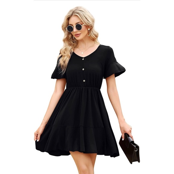 Casual Summer Dress - V Neck Button Down Short Cap Sleeves Ruffle Mini Dress - Picture 1 of 7